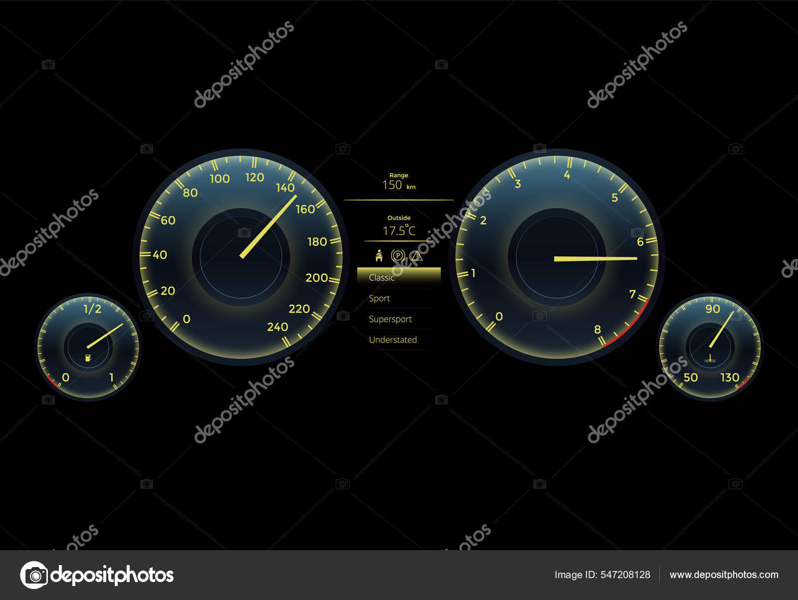 Realistic car dashboard speedometer and tachometer. Speed measure gauge