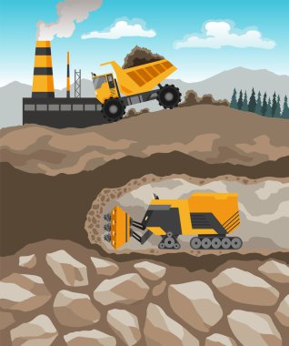 Kömür madenciliği. Yeraltında aletleri olan madenciler. Endüstriyel ekipman ve makineler arka planda toprak katmanları halinde. Benimkinde madenci üretiyor. Kamyon taşı madenden fabrikaya taşıyor.