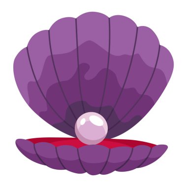 Deniz kabuğunda inci. Açık deniz kabuğu deniz tarağı ve inci kabuğu ikonu. Çizgi filmlerdeki gibi istiridye kabuklu güzel bir inci. Vektör illüstrasyonu beyaz arkaplanda izole edildi