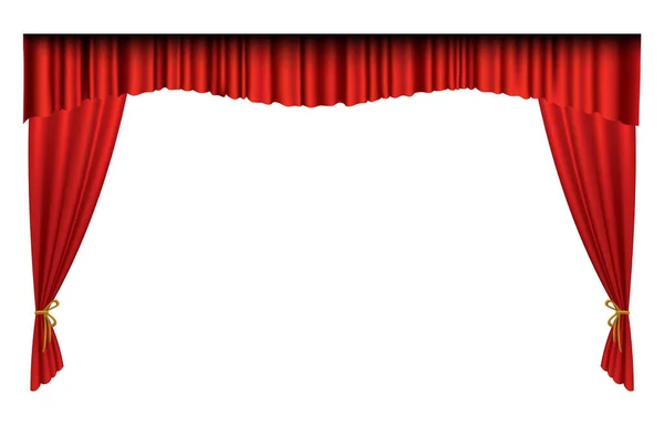 赤いカーテンが現実的です。映画館やオペラホールのための劇場ファブリックシルク装飾。豪華なカーテンやドレープレイヤードインテリア装飾オブジェクト。舞台のための白に隔離 — ストックベクタ