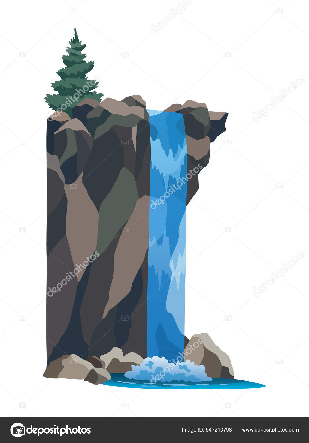 Cachoeira. Paisagem dos desenhos animados com montanhas rochosas e árvore.  Rio cair de penhasco sobre fundo branco. Atração turística pitoresca com  água clara Vetor de stock de ©Designer_things 547210798, image size:1185x1700