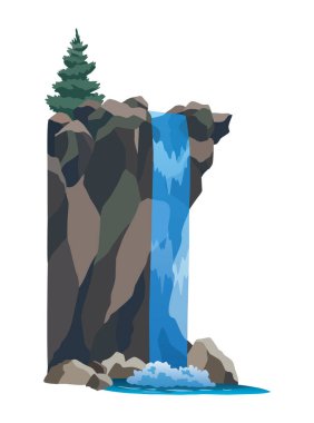 Şelale. Kaya dağları ve ağaçlı karikatür manzarası. Beyaz arka planda uçurumdan düşen nehir. Temiz suyla resim gibi turistik bir yer.