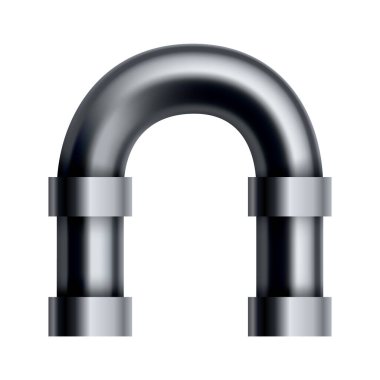 Metal boru hattı. Bağlantılı sanayi kanalı. Su veya gaz için 3D parlak paslanmaz çelik tüp. Mühendislik tesisat sistemi elementi