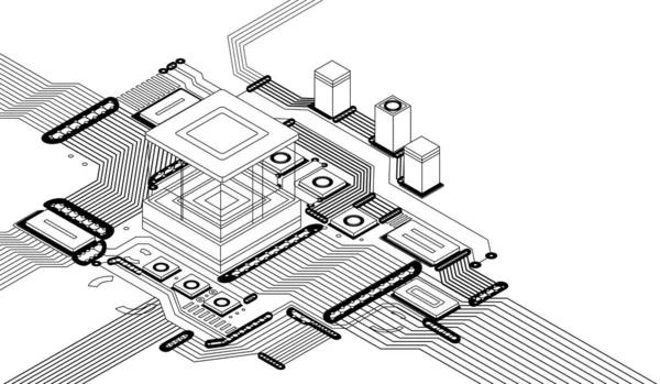Електронний цифровий чип cpu монохром. Процесор і електронні компоненти на материнській платі або друкованій платі. Мікрочіп або мікропроцесор, апаратна інженерія. ШІ. Технологія блокчейн ізометрична — стоковий вектор