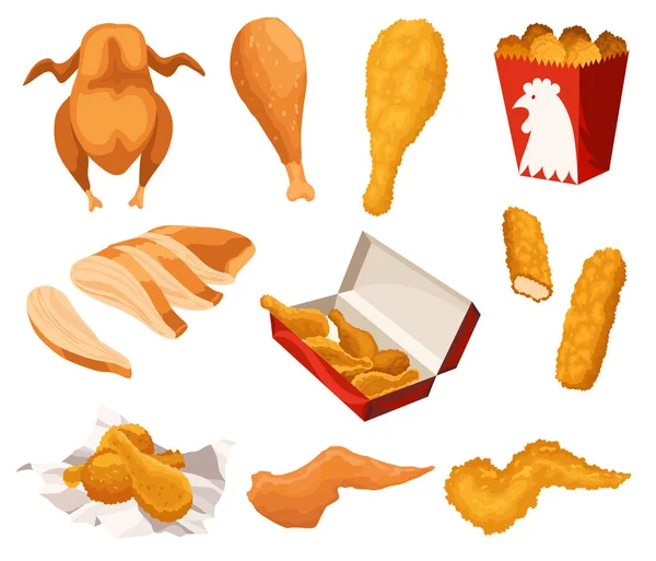 Fried chicken set. Crispy fried chicken pieces isolated on white background. Beautiful delicious in cartoon style. Fresh fast food fry meat. Hot wings, drumsticks, crispy strips — Stock Vector
