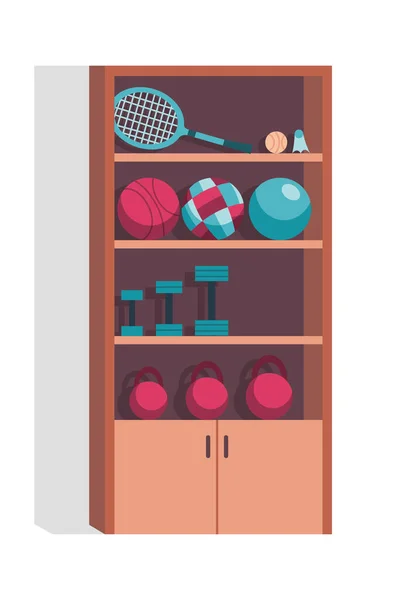 Équipement de gymnastique scolaire pour les jeux actifs et les exercices sportifs pour enfants. Cabinet avec équipement pour jeux de sport — Image vectorielle