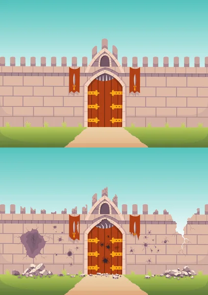 Μεσαιωνικά τείχη σε δύο τύπους πριν και μετά την επίθεση των εχθρών ή την πολιορκία κατά τη διάρκεια του πολέμου. Κάστρο πέτρα οχύρωση με ξύλινη πύλη της πόλης, παραμύθι εξωτερικό. Αρχαίο παιχνίδι. Πέτρινοι τοίχοι με σιαγόνες — Διανυσματικό Αρχείο