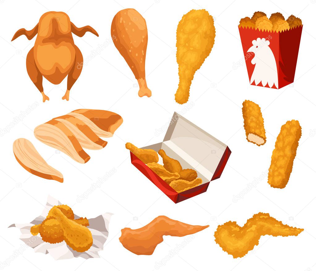 Fried chicken set. Crispy fried chicken pieces isolated on white background. Beautiful delicious in cartoon style. Fresh fast food fry meat. Hot wings, drumsticks, crispy strips