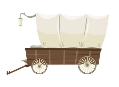 Çadırlı Vahşi Batı çizgi film vagonu. Beyaz arkaplanda eski batı taşıma simgesi izole