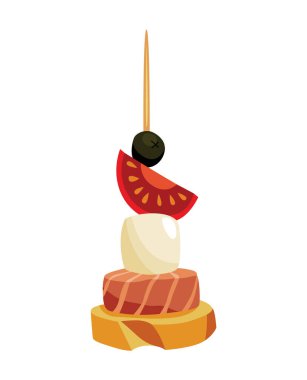 Soslu aperatif kanepesi. Parti için atıştırmalık, tahta çubukta soğuk yemek. Açık büfe için kanepe, beyaz arkaplanda izole edilmiş simge. Gurme tablosu için sandviç