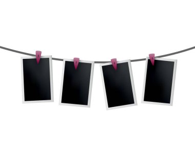 İpe asılmış fotoğraf çerçeveleri. İplikte geçmişe dönük hazır fotoğraflar. Kart çerçeve modeli, vektör seti. Simge tasarım şablonu. Anı hatırla.