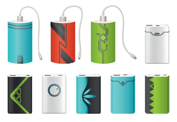 Mockup banca di potenza con e senza cavo USB. Dispositivo di caricabatterie portatile colorato. Batteria esterna per la ricarica, collezione con diversi design moderni. Powerbanks isolato su sfondo bianco — Vettoriale Stock