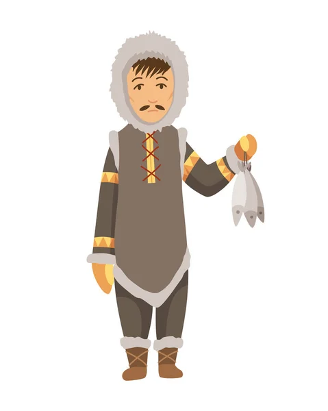 Polar eskimo character. Indigenous fisherman wearing traditional warm clothes. Person with caught fish. Traditional ethnic character — Stockvektor