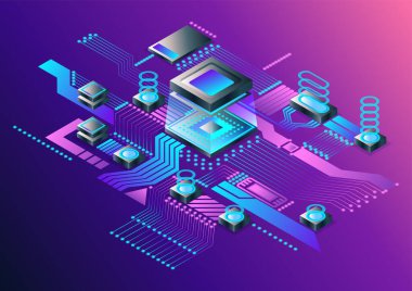 Elektronik işlemci dijital çipi. Ana kart ya da devre kartındaki soyut bilgisayar işlemcisi ve elektronik bileşenler. Elektronik cihazlar mikroçip ya da mikroişlemci, donanım mühendisliği. Al!