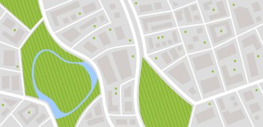 Şehir haritası. Park ve nehir olan şehir sokakları. Şehir merkezindeki GPS navigasyon planı, soyut ulaşım şehri. Vektör haritası küçük yol deseni