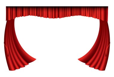 Kırmızı perdeler gerçekçi. Sinema veya opera salonu için ipek kumaş dekorasyonu. Lüks perdeler ve iç dekorasyon malzemesi. Tiyatro sahnesi için beyazda izole edilmiş.
