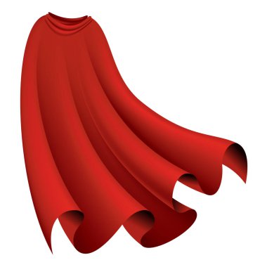 Süper kahraman kırmızı pelerin. Kırmızı kumaştan ipek pelerin. Karnaval maskeli balosu kıyafeti, gerçekçi kostüm tasarımı. Uçan Manto kostümü