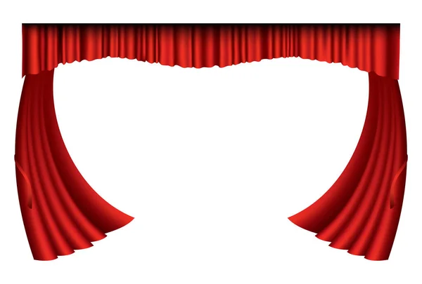 Червоні штори реалістичні. Театральна тканина шовкова прикраса для кіно або оперного театру. Розкішні штори та драпірування предметів інтер'єру. Ізольовані на білому для театральної сцени — стоковий вектор
