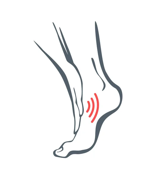 Parte del corpo dolore. L'uomo sente dolore alla caviglia segnato da linee rosse. Fuochi vettoriali dei simboli del dolore o dei traumi, illustrazione della linea d'arte grigia — Vettoriale Stock