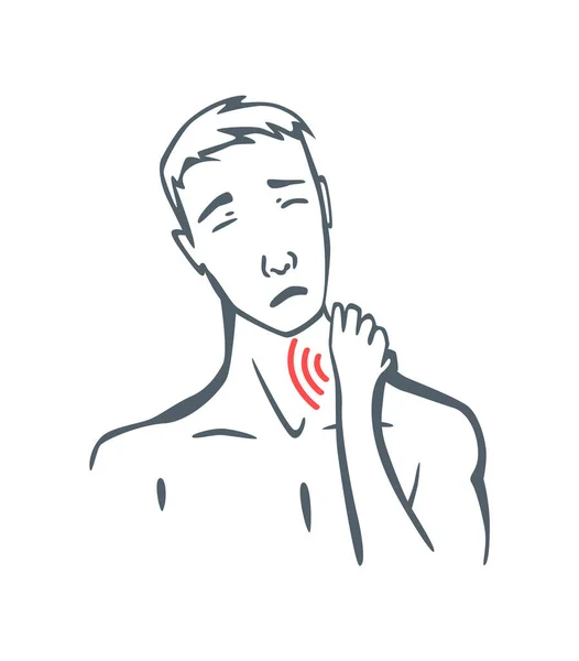 Dolor en parte corporal. El hombre siente dolor en el cuello marcado con líneas rojas. Focos vectoriales de símbolos de dolor o trauma, ilustración de línea de arte gris — Vector de stock