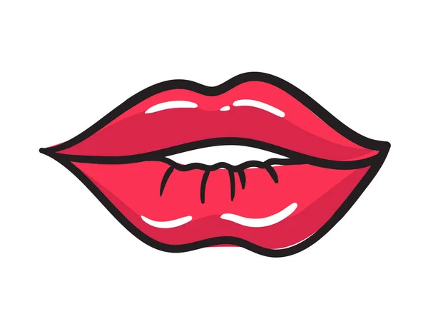 Comic γυναικεία κόκκινα χείλη αυτοκόλλητο. Γυναικείο στόμα με κραγιόν σε vintage κωμικό στυλ. Rop τέχνη ρετρό απεικόνιση — Διανυσματικό Αρχείο