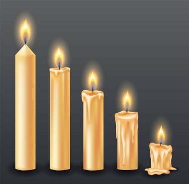 Mumları damlayan ya da akan balmumuyla yakmak. Sarı mumlar ve altın alevler. Yanmış ve erimiş balmumu. Yüksekten alta doğru sıralanmış. Koyu arkaplanda parlayan güzel mumların tasviri