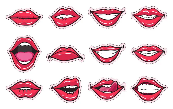 Comic weibliche rote Lippen Aufkleber Set. Frauenmund mit Lippenstift im Vintage-Comic-Stil. Rop art retro illustration — Stockvektor