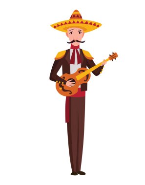 Meksikalı karakter. Geleneksel siyah elbiseli ve sombrerolu Mariachi müzik grubu müzisyeni tipik bir müzik enstrumanıyla gitar çalıyor.