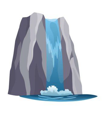 Şelale. Kaya dağlı karikatür manzarası. Beyaz arka planda uçurumdan düşen nehir. Temiz suyla resim gibi turistik bir yer.