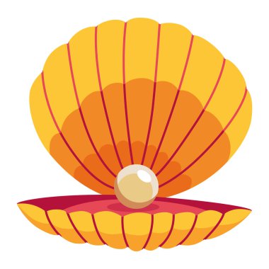 Deniz kabuğunda inci. Açık deniz kabuğu deniz tarağı ve inci kabuğu ikonu. Çizgi filmlerdeki gibi istiridye kabuklu güzel bir inci. Vektör illüstrasyonu beyaz arkaplanda izole edildi