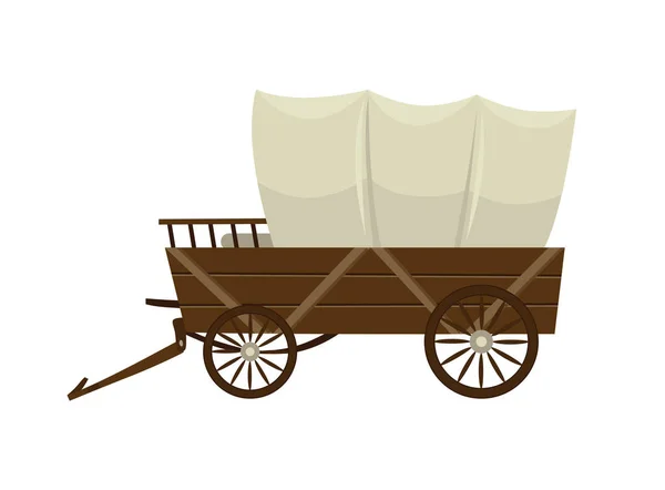 Дикий Запад мультяшный фургон с палаткой. Иконка старой западной кареты на белом фоне — стоковый вектор