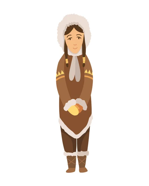 Polární eskymácká postava. Domorodá žena v tradičním teplém oblečení. Stojící tradiční etnický charakter — Stockový vektor