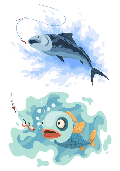 Predatory fish catch. Cartoon fish catching the fishing lure. Pike fishing is jumping to catch bait on hook. Sports hobby. Fishing or hunting on worm vector illustration