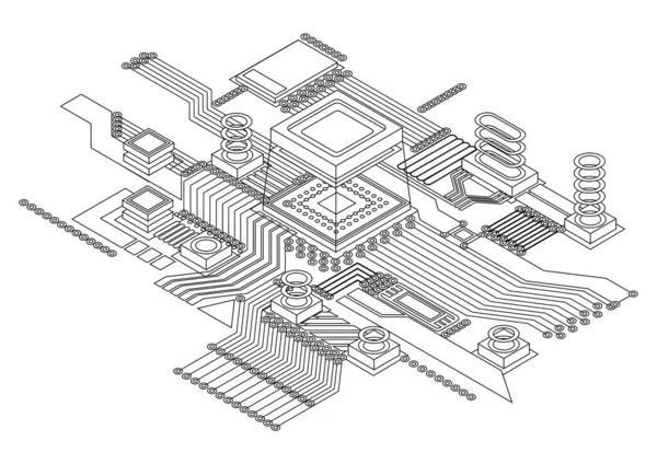 Електронний цифровий чип cpu монохром. Абстрактний комп'ютерний процесор та електронні компоненти на материнській платі або друкованій платі. Електронні пристрої на мікропроцесорах, апаратна інженерія. ШІ — стоковий вектор