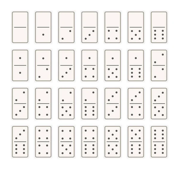 Domino 28 piezas con manchas o puntos negros. vector creativo realista conjunto completo. Huesos artísticos elementos de diseño gráfico. Icono actividad y aficiones colección — Vector de stock