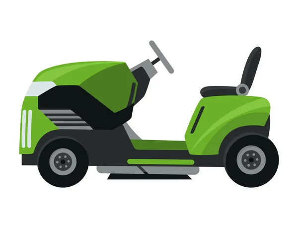 Rasenmähermaschine in grüner Farbe. Trimmen, Beschneiden und Schneiden von Gras elektrisch oder Benzinmäher Arbeitsgerät für den Garten. Flache Cartoon-Symbol isoliert auf weißem Hintergrund — Stockvektor