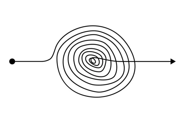 Arrow caos mentalidade bagunça. Doodle conceito de linha de nó com esboço de rabisco à mão livre. Vector mão desenhada difícil processo de pensamento. Caminho de emaranhado —  Vetores de Stock