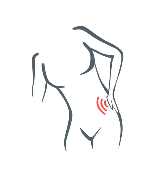 Dolor en parte corporal. La mujer siente dolor en la espalda marcado con líneas rojas. Focos vectoriales de símbolos de dolor o trauma, ilustración de línea de arte gris — Vector de stock