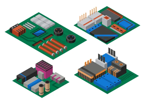 Sammlung isometrischer Leiterplatten mit elektronischen Bauteilen. Computerchips Technologie Prozessor Schaltung und Computer Motherboards Informationssystem. Sammlung von Technologie-Geräten — Stockvektor