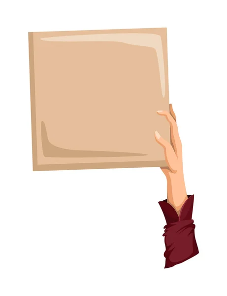 Hand håller tomma plakat med plats för text. Personlig hand med blank banderoll eller kort. Isolerad vektor illustration kan användas för tävling, nyheter, turnering eller tävling — Stock vektor