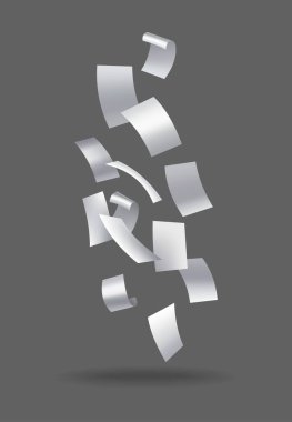 Gerçekçi kağıt çarşaflar. Uçan kavisli kağıt parçaları. Kıvrımlı kenarlı notaların vektörü. Dağınık notlar, boş evrak işleri.