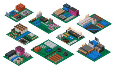 Elektronik bileşenleri olan izometrik devre kartları koleksiyonu. Bilgisayar çipleri teknoloji işlemci devresi ve bilgisayar anakartları bilgi sistemi. Teknoloji ekipmanları koleksiyonu