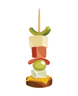 Soslu aperatif kanepesi. Parti için atıştırmalık, tahta çubukta soğuk yemek. Açık büfe için kanepe, beyaz arkaplanda izole edilmiş simge. Gurme tablosu için sandviç