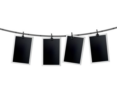 İpe asılmış fotoğraf çerçeveleri. İplikte geçmişe dönük hazır fotoğraflar. Kart çerçeve modeli, vektör seti. Simge tasarım şablonu. Anı hatırla.