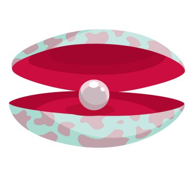 Deniz kabuğunda inci. Açık deniz kabuğu deniz tarağı ve inci kabuğu ikonu. Çizgi filmlerdeki gibi istiridye kabuklu güzel bir inci. Vektör illüstrasyonu beyaz arkaplanda izole edildi