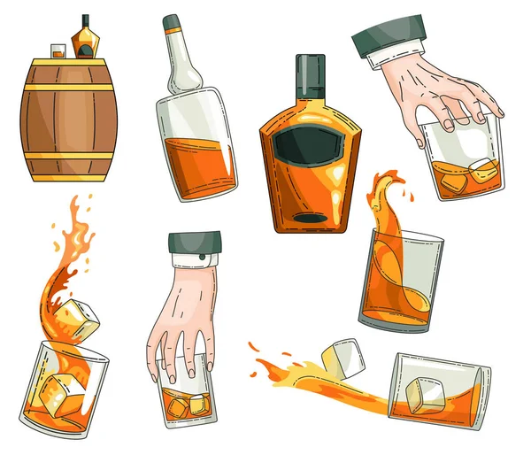 Vector whiskey symbols set. Glass bottle, man hand holding glass of scotch with ice cubes, wooden alcohol barrel icon collection. Alcohol product advertising design — Stock Vector