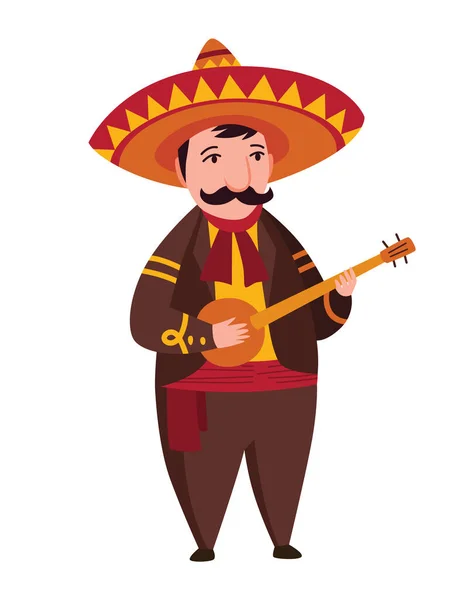 Carácter mexicano. Mariachi músico de banda de música en ropa oscura tradicional y sombreros tocando en guitarra instrumento musical típico — Vector de stock