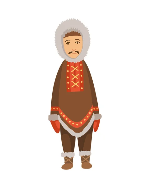 Polární eskymácká postava. Domorodý muž v tradičním teplém oblečení. Stojící tradiční etnický charakter — Stockový vektor