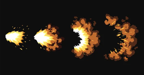 Flashs d'armes ou animation par balle. Collecte de l'effet d'explosion du feu lors d'un coup de feu. Dessin animé effet flash de la balle commence. Fusillade, éclair et explose — Image vectorielle