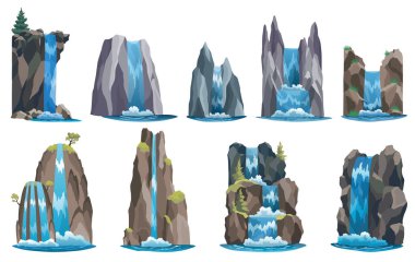 Şelale hazır. Dağlı ve ağaçlı karikatür manzaraları. Nehir kayalıklardan beyaz zemine dökülüyor. Temiz suyla resim gibi turistik bir yer.